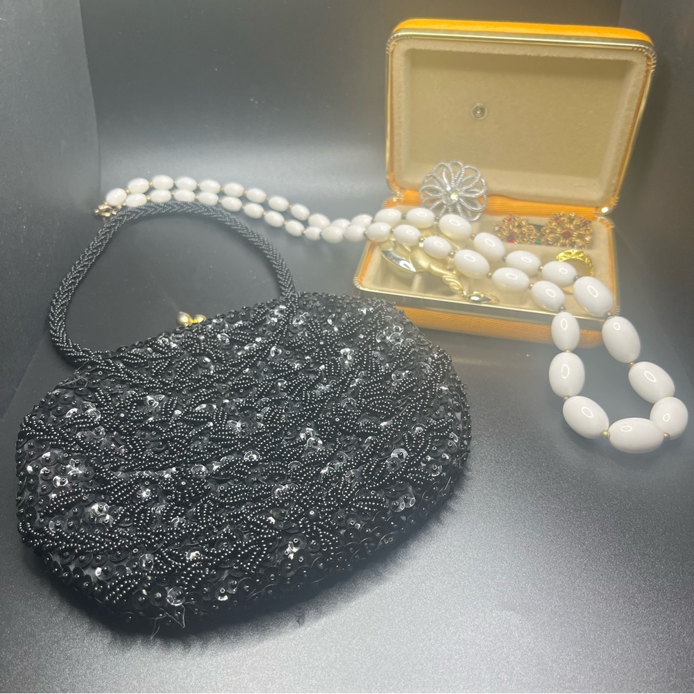 vintage black beaded evening bag kiss lock purse - Picture 2 of 5